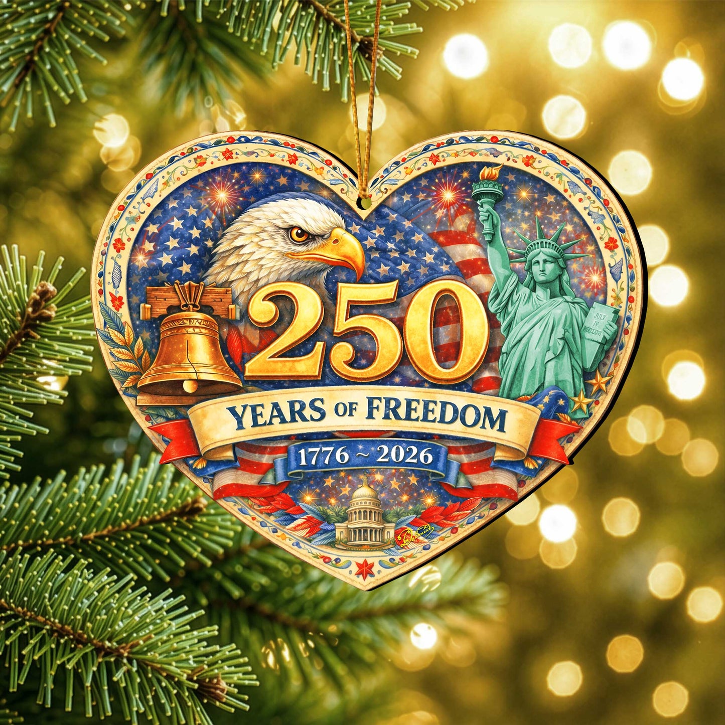 250 Years of Freedom Wooden Ornament – Patriotic USA Christmas Ornament 1776–2026 by G. DeBrekht - American Patriotic Decor – 8652873
