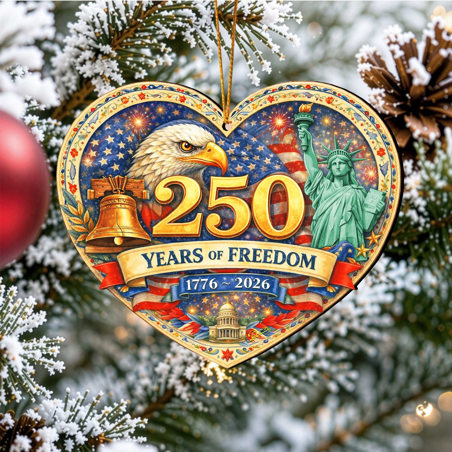 250 Years of Freedom Wooden Ornament – Patriotic USA Christmas Ornament 1776–2026 by G. DeBrekht - American Patriotic Decor – 8652873