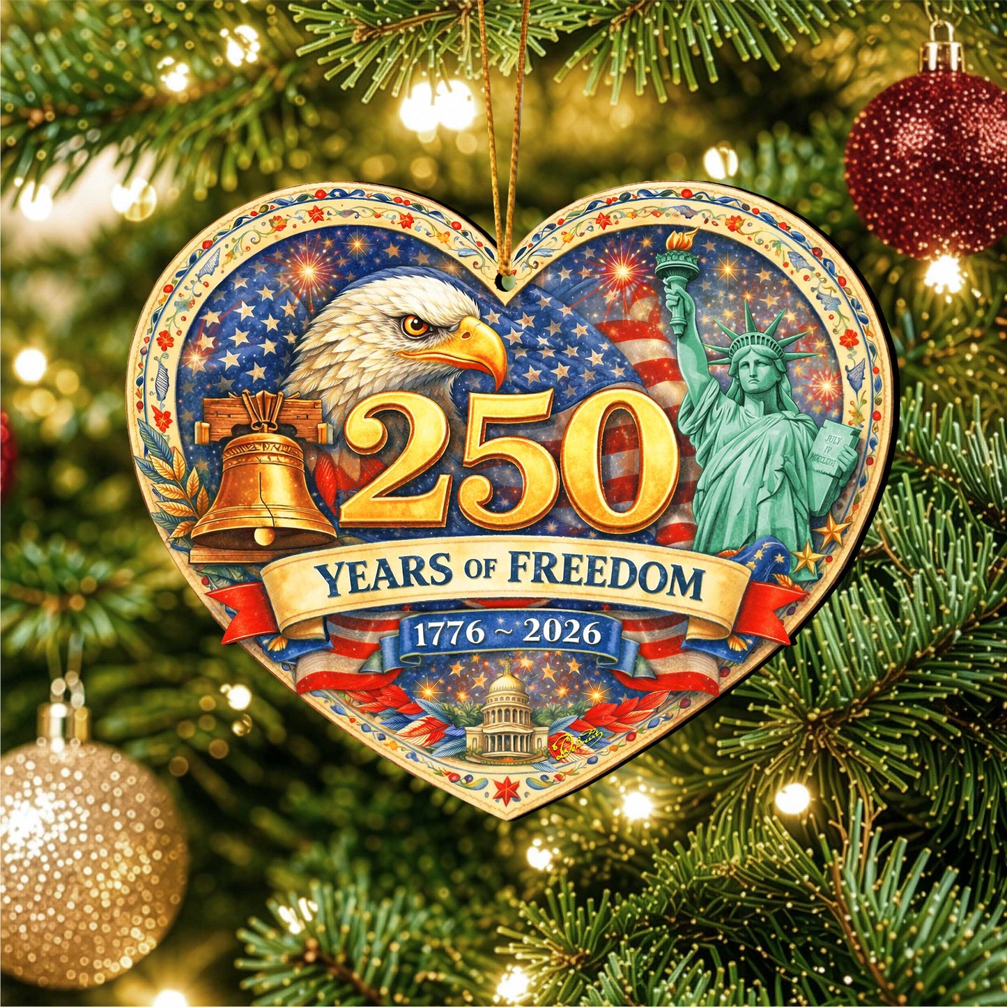 250 Years of Freedom Wooden Ornament – Patriotic USA Christmas Ornament 1776–2026 by G. DeBrekht - American Patriotic Decor – 8652873