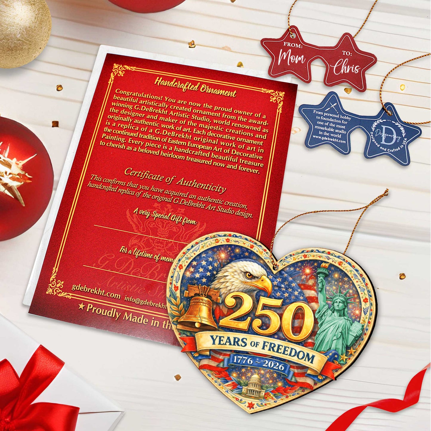 250 Years of Freedom Wooden Ornament – Patriotic USA Christmas Ornament 1776–2026 by G. DeBrekht - American Patriotic Decor – 8652873